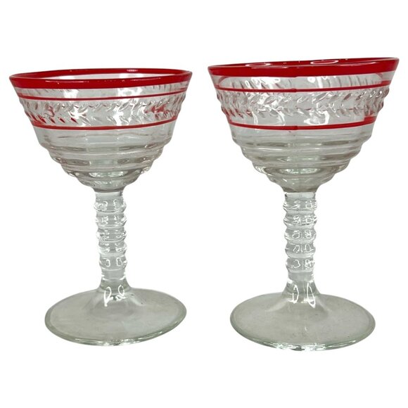 2 Vintage Etched Glass Goblets Red Rim Stripe Wine Cordial Bubble Stem Set pair - Picture 2 of 6